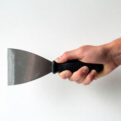Hand holding a metal scraper tool