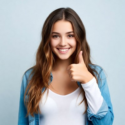 Young woman giving thumbs up smile