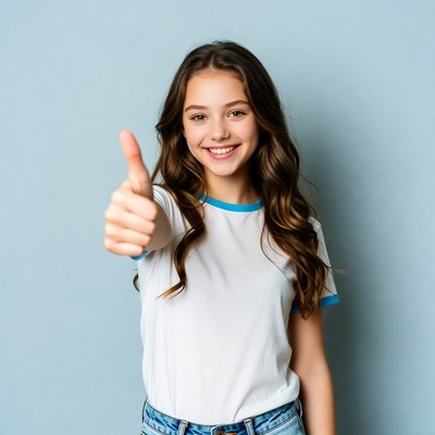 Girl giving a thumbs up gesture indoors