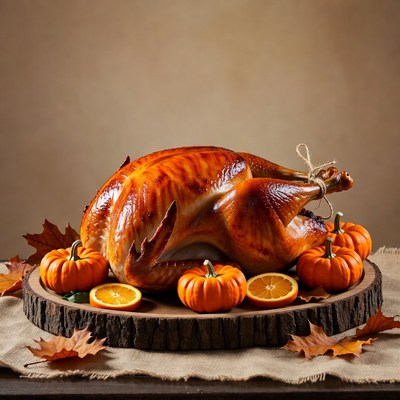 Turkey with pumpkins and oranges on table