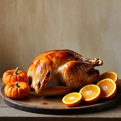 Turkey and oranges on wooden table
