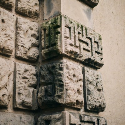 Carvings on stone wall in city