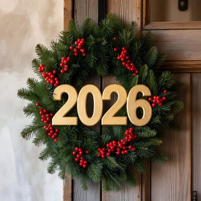 Wreath with year 2026 on front door