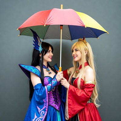 Cosplay friends with colorful umbrella