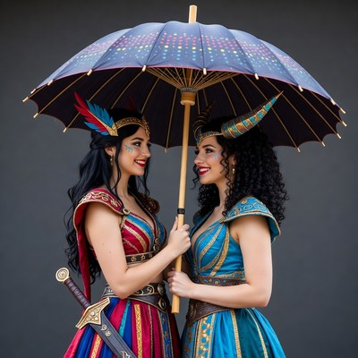 Two women in costumes under an umbrella