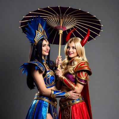 Cosplay girls with umbrella in studio