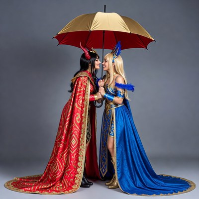 Cosplayers under shared umbrella