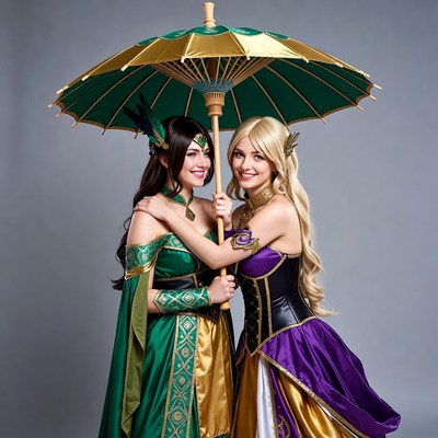 Two women in costume with umbrella