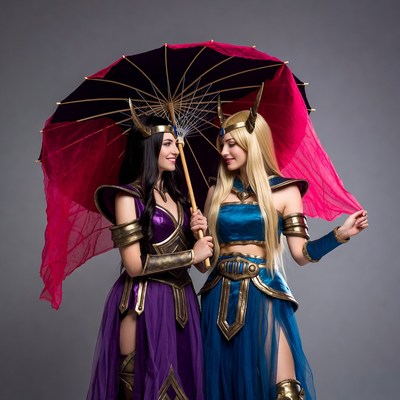Cosplayers with umbrella at studio