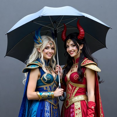 Two characters holding an umbrella