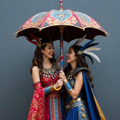 Two women in costumes sharing a moment
