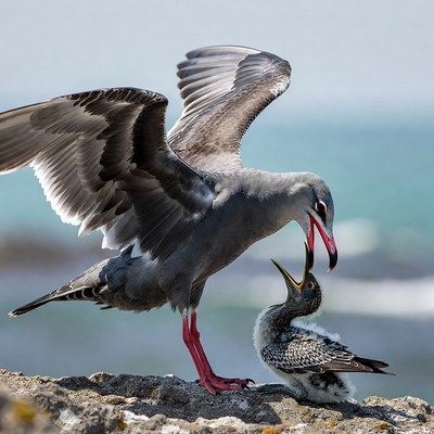 Bird feeding chick by the sea