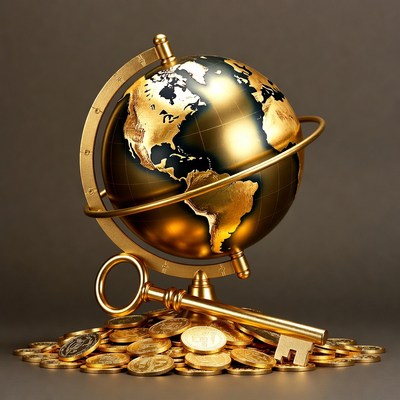 Golden globe with coins and key