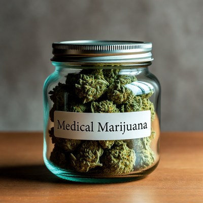 Medical marijuana jar on table