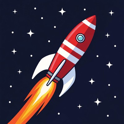 Rocket flying through space at night