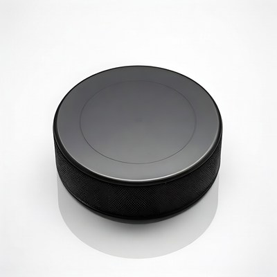Black hockey puck on white background