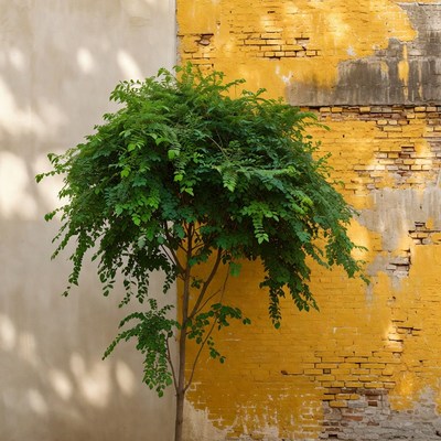 Tree against yellow wall in urban area