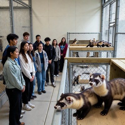 Visitors watch ferrets at animal center