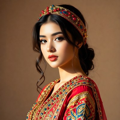 Woman in traditional attire posing indoors