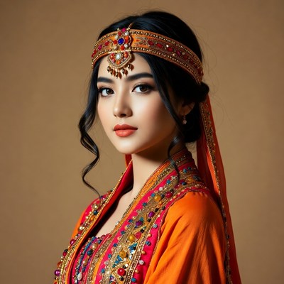 Woman in traditional attire poses