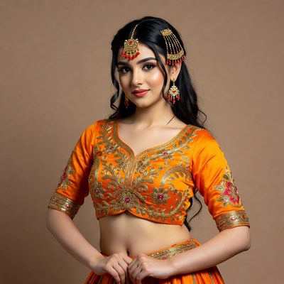 Woman in orange outfit with jewelry