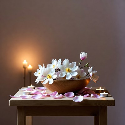 Bowl of flowers with candles