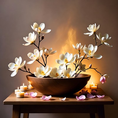 Flowers in a wooden bowl with candles