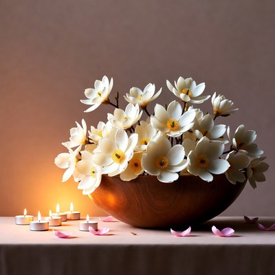 Floral arrangement with candles on table