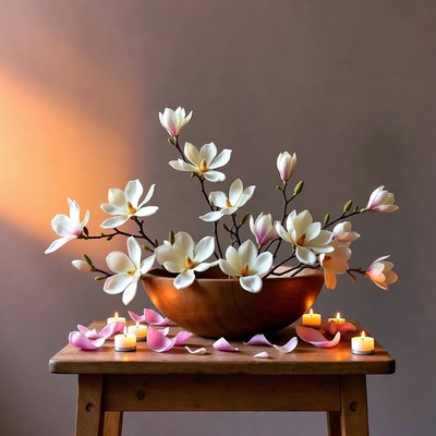 Flowers arranged in bowl with candles