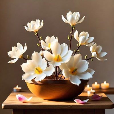 Elegant white flowers in bowl with candles