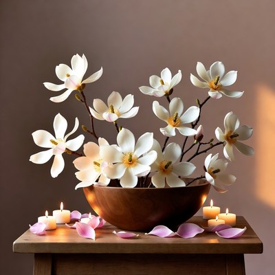 Magnolia flowers in wooden bowl with candles
