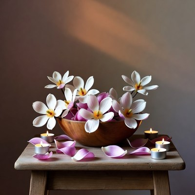 Flowers and candles on a table