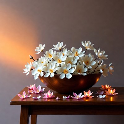 Bowl of white flowers on table