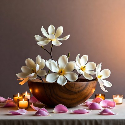 Flowers and candles in wooden bowl