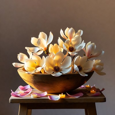 Flowers in a wooden bowl