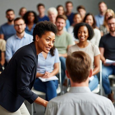 Speaker engaging audience in discussion