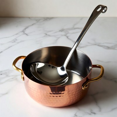 Copper pot and ladle on marble surface