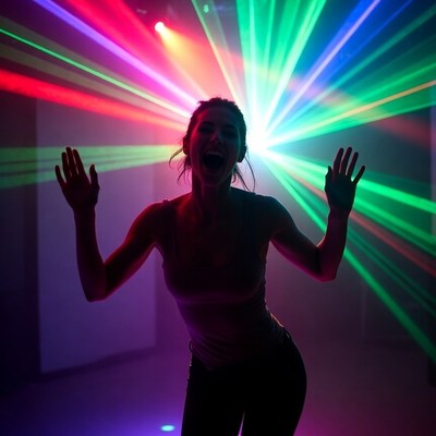 Woman dancing under colorful lights