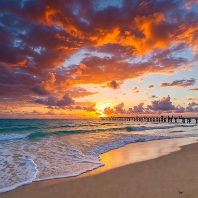 Sunset over ocean and pier