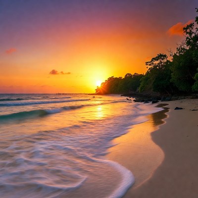 Sunset at the beach with waves