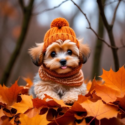 Dog with hat in autumn leaves