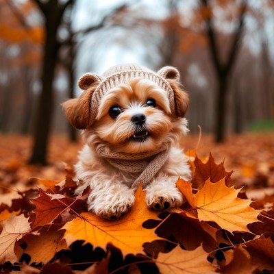 Puppy in autumn leaves outside