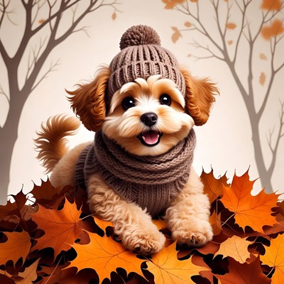 Dog in a sweater with fall leaves
