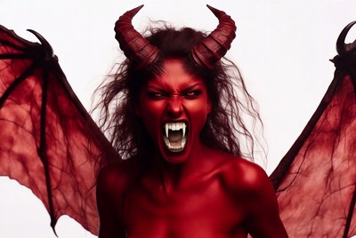 Woman dressed as demon in studio
