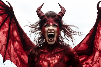 Woman in red costume with wings