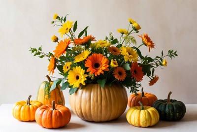 Autumn flowers in a pumpkin vase