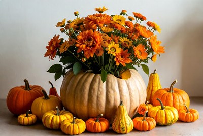 Flowers arranged in a pumpkin vase