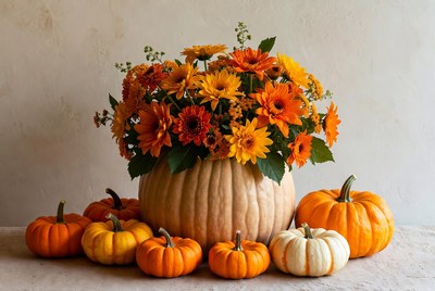 Pumpkin vase with autumn flowers and decor