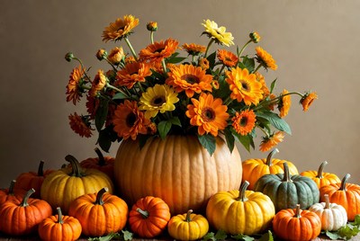 Bright flowers and pumpkins display in autumn