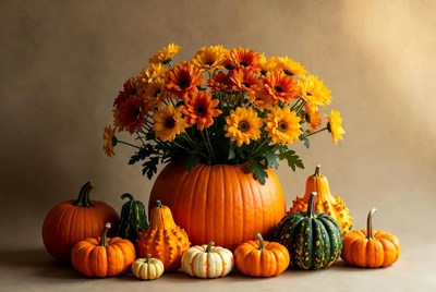 Autumn flowers and pumpkins display